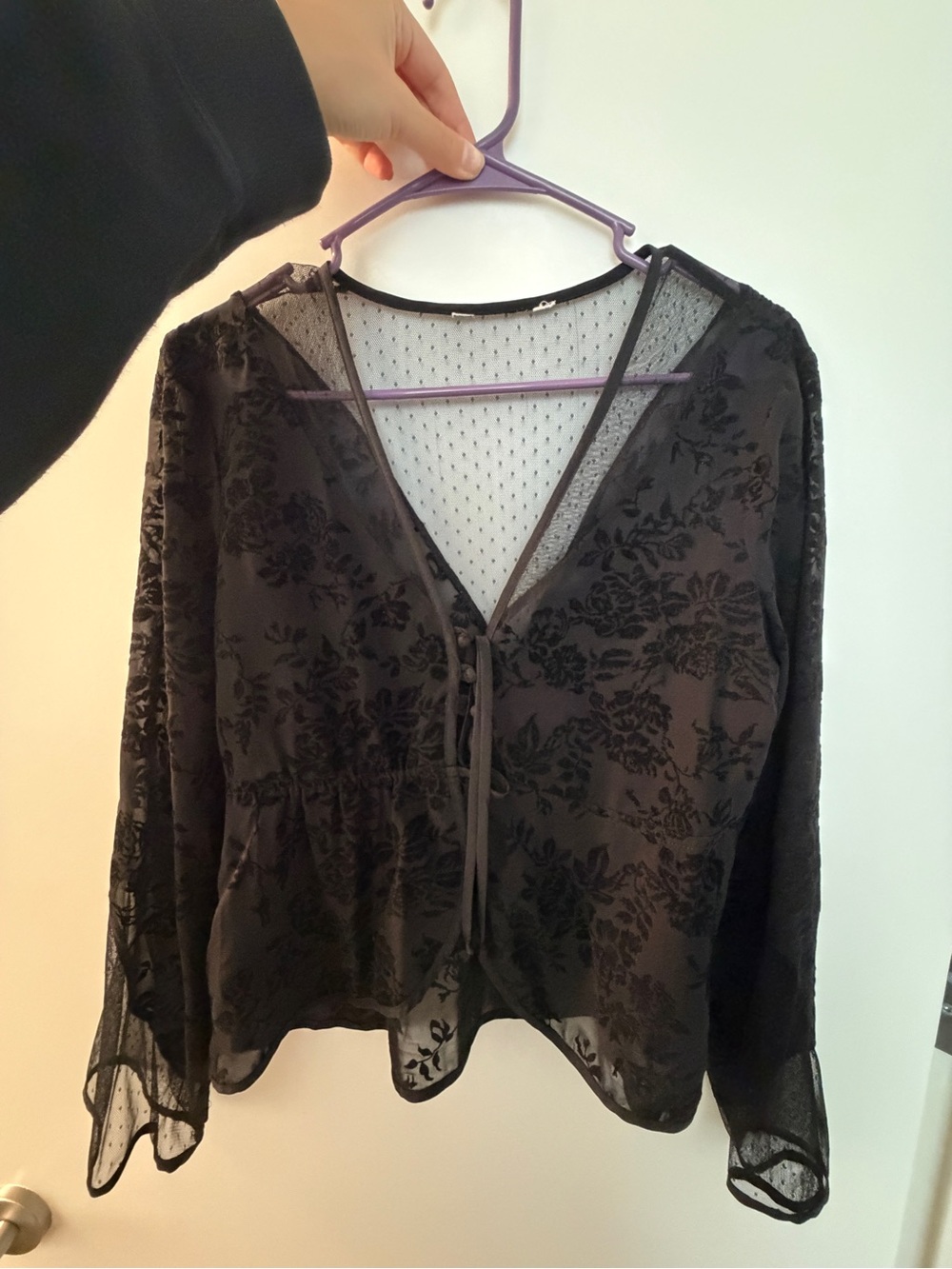 BCBGeneration Black Sheer Flocked Floral Tie-Front Blouse